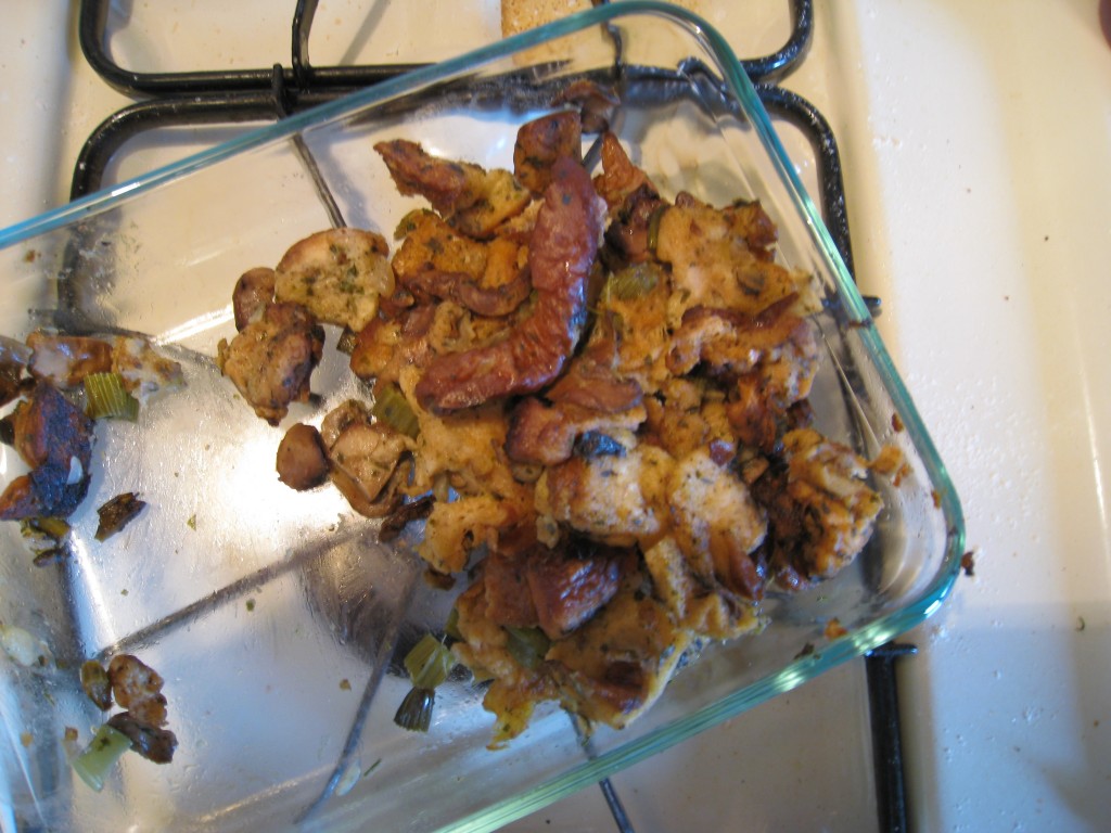 Stuffing in a glass dish.