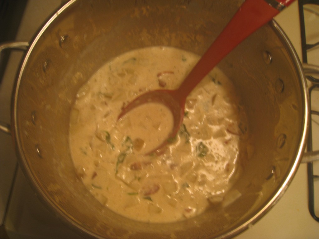 Potato and Bacon Chowder in stock pot