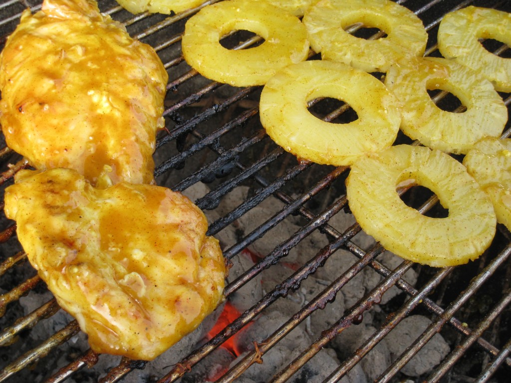 Pineapple Glazed Grilled Chicken and Pineapple on the grill